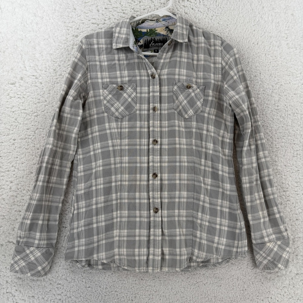 Pladra Womens Small Gray Plaid Flannel Button Up Shirt Cotton Wolf Print Lining